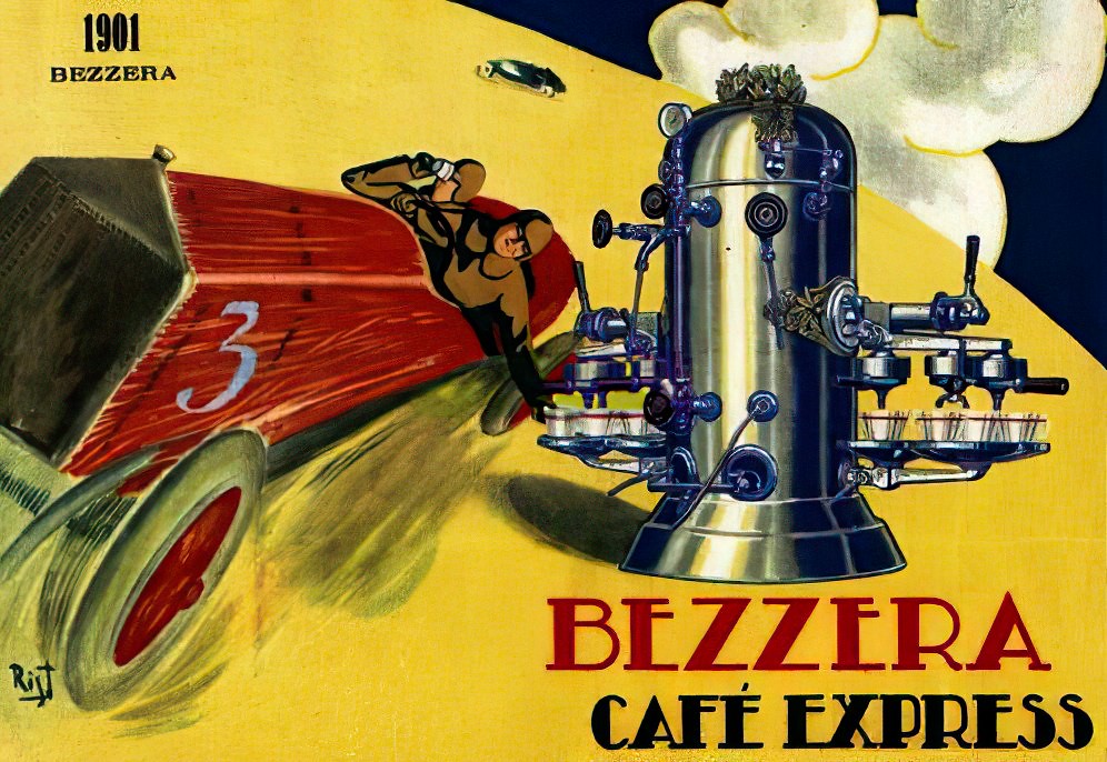 Poster quảng cáo máy Espresso Hơi nước của Luigi Bezzera năm 1901