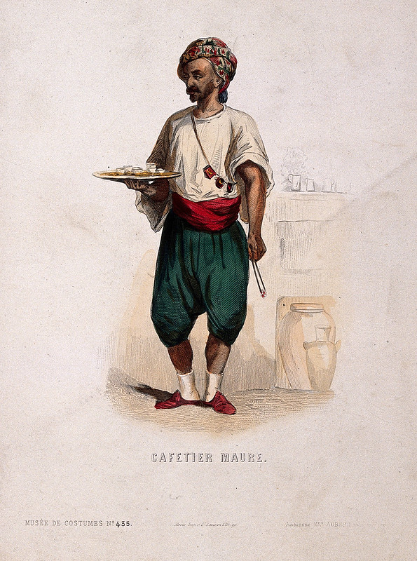 A Turkish coffee vendor with a tray of coffee cups. Coloured engraving, c. 1860.